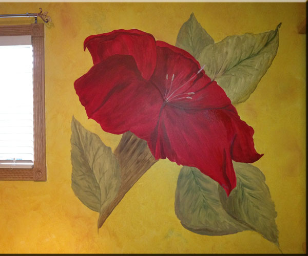 Large flower mural over yellow glazed walls