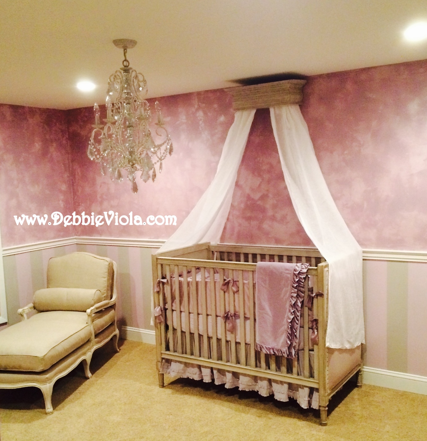 Shimmered plaster walls, gray and lavendar stripes; glazed molding