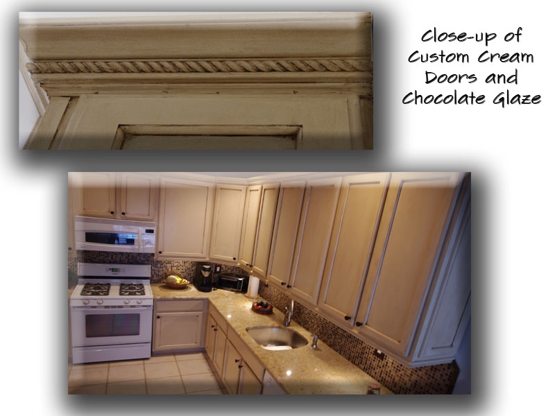 Off white cabinets with chocolate brown glaze